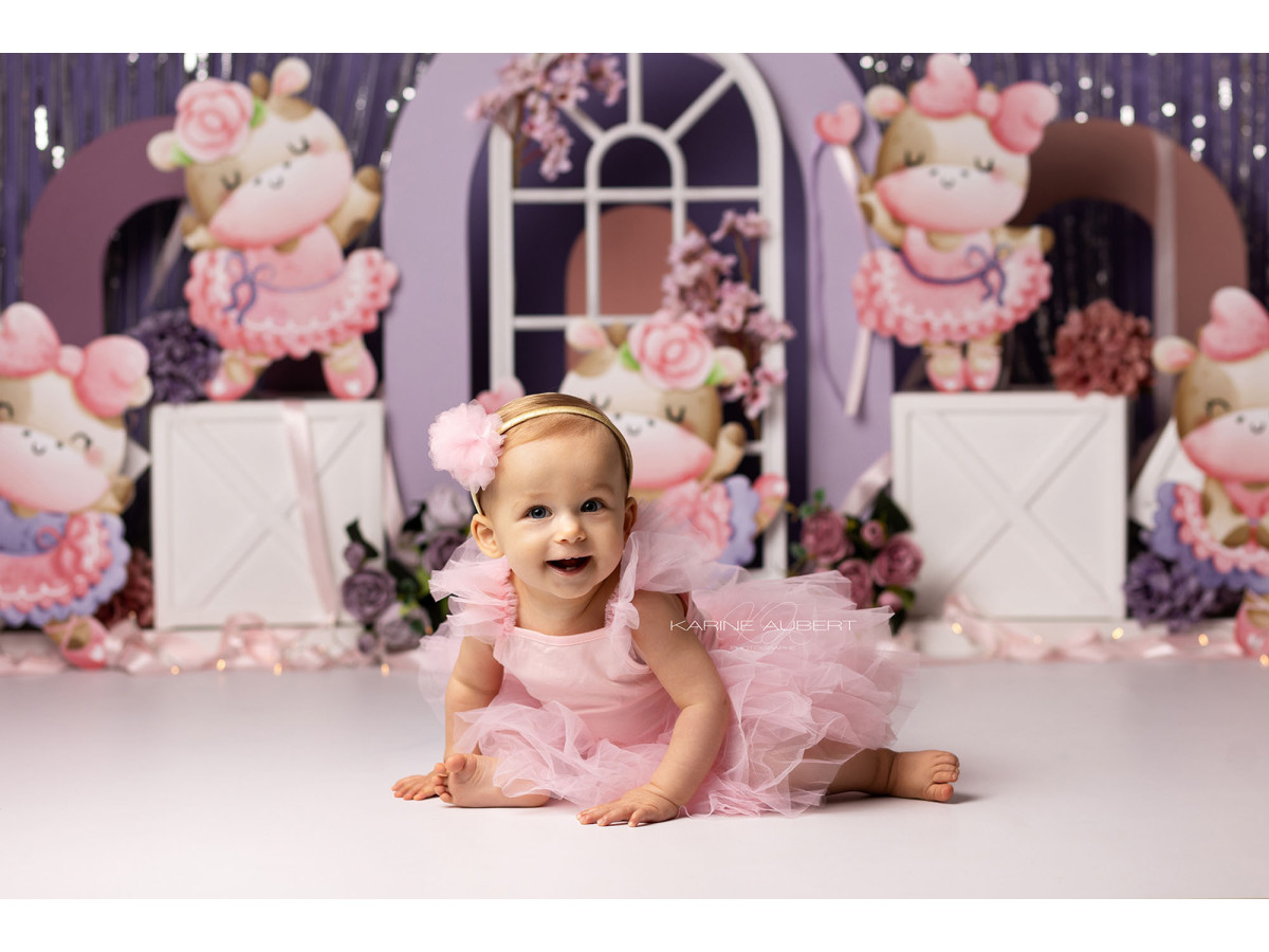 Fond photo bébé et smash cake Cows – vaches en peluche avec rideaux argentés et fenêtre | Colors&Drops
