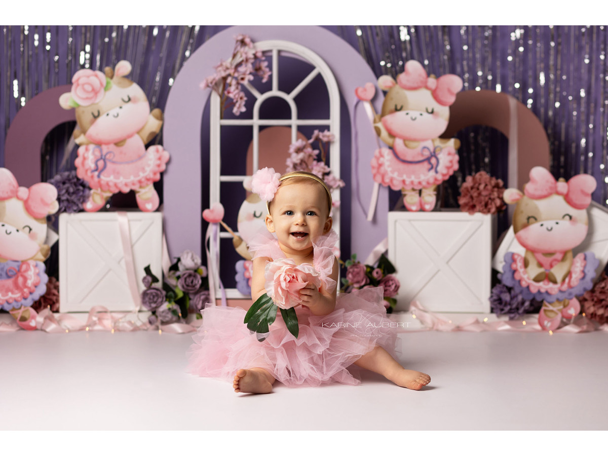 Fond photo bébé et smash cake Cows – vaches en peluche avec rideaux argentés et fenêtre | Colors&Drops