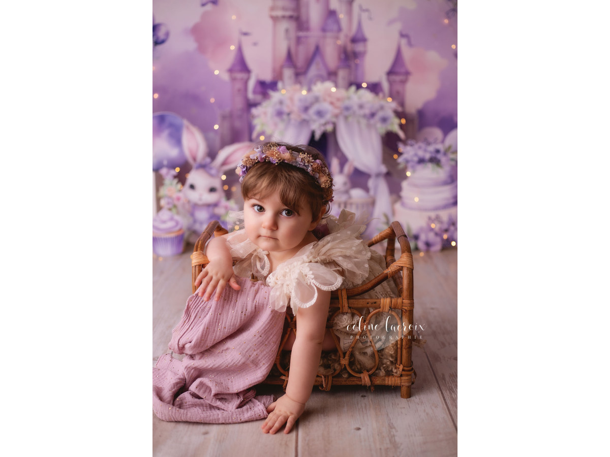 Fond photo bébé et smash cake Princesses Lapines – château de princesse violet avec lapins et cadeaux | Colors&Drops
