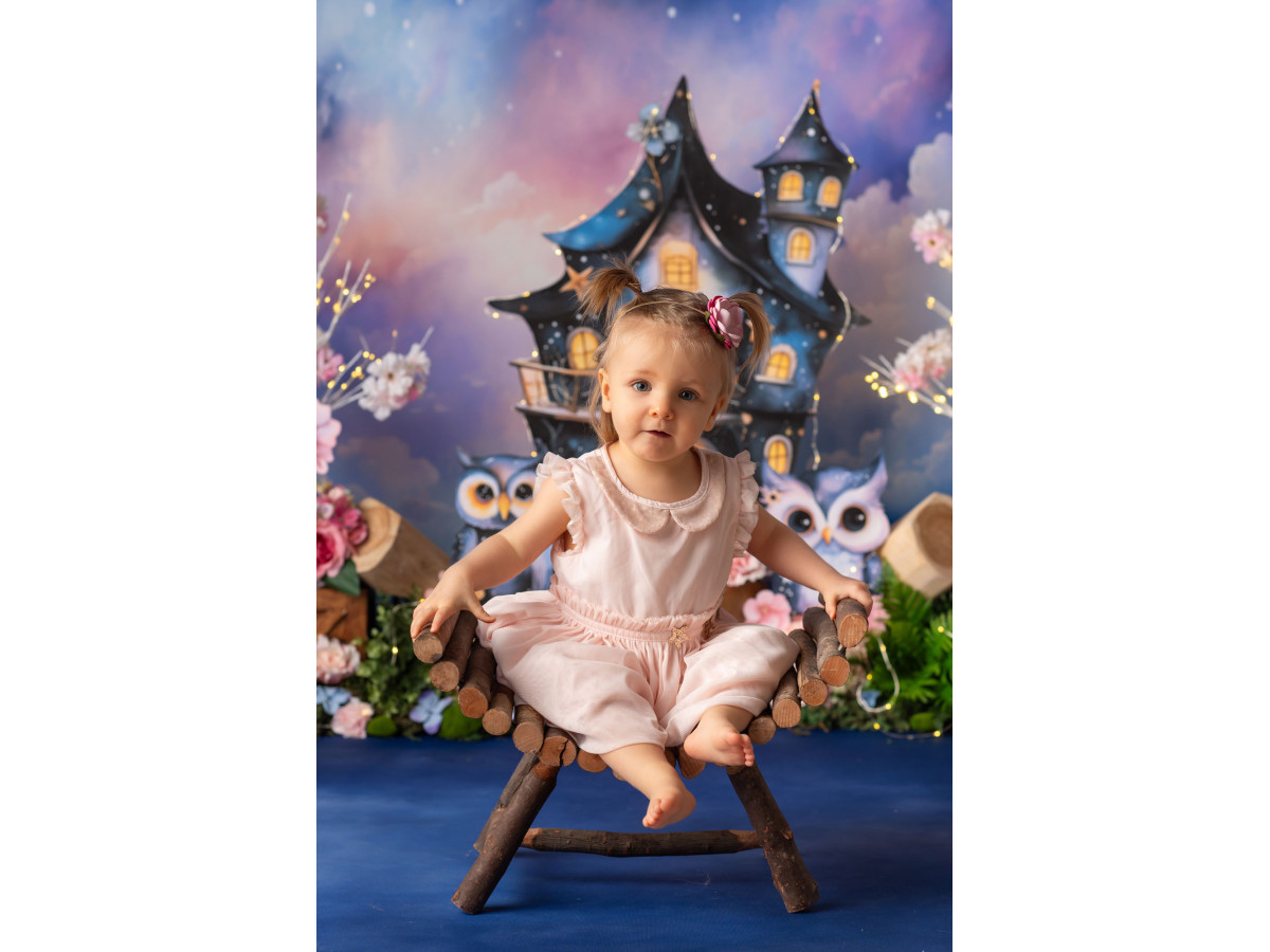 Fond photo bébé et smash cake Hiboux Magique – hiboux magiques avec maison et ciel nuageux coloré | Colors&Drops