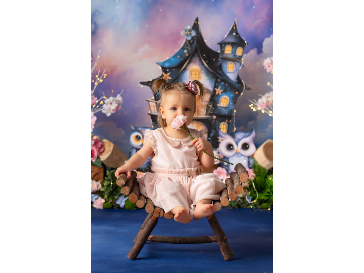 Fond photo bébé et smash cake Hiboux Magique – hiboux magiques avec maison et ciel nuageux coloré | Colors&Drops