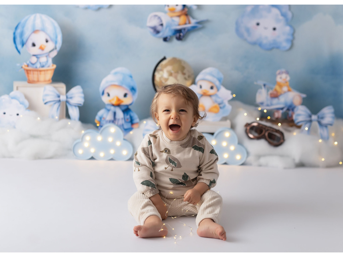 Fond photo bébé et smash cake Canard Fly – canards aviateurs en peluche dans les nuages | Colors&Drops