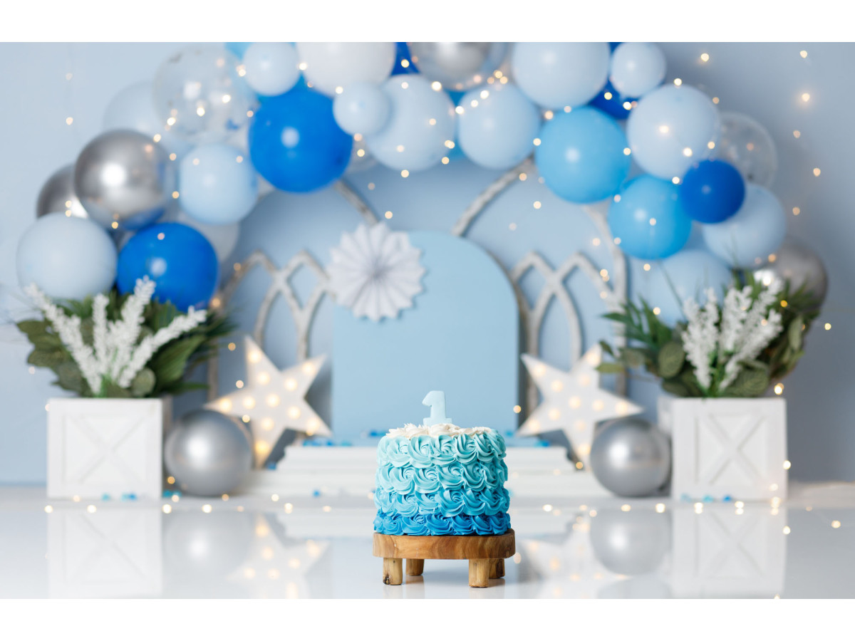 Baby & cake smash photo backdrop Blue and Silver – blue and silver balloon arch with stars | Colors&Drops