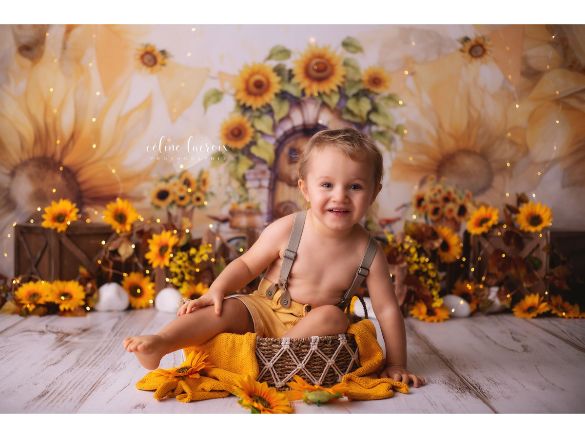 Baby & cake smash photo backdrop Spring Sun Flowers – watercolour illustrated door with sunflowers | Colors&Drops