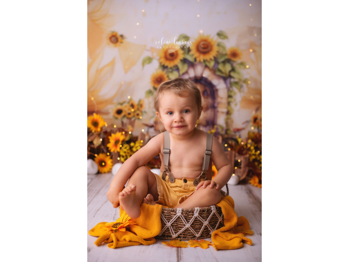 Baby & cake smash photo backdrop Spring Sun Flowers – watercolour illustrated door with sunflowers | Colors&Drops