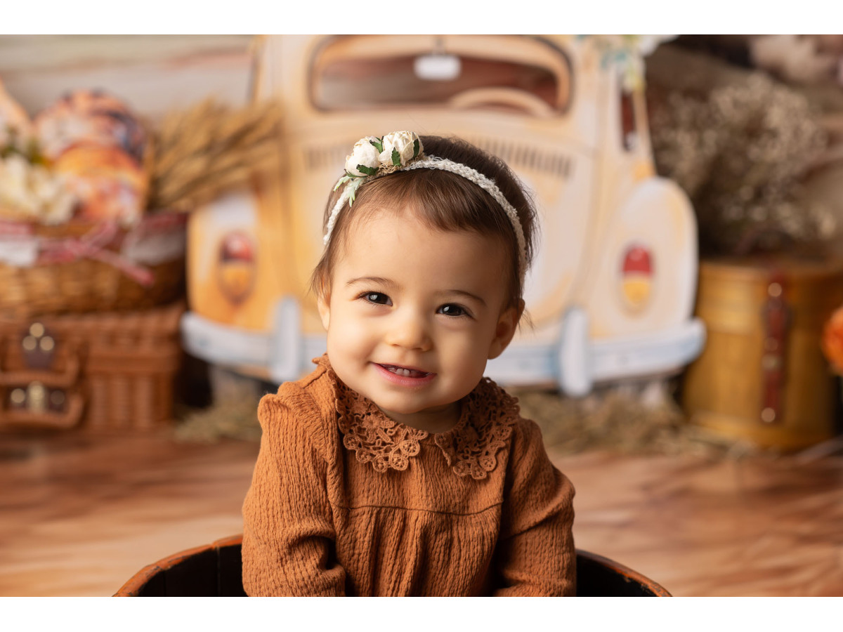 Baby & cake smash photo backdrop Le Moulin – windmill and yellow vintage car in the countryside | Colors&Drops