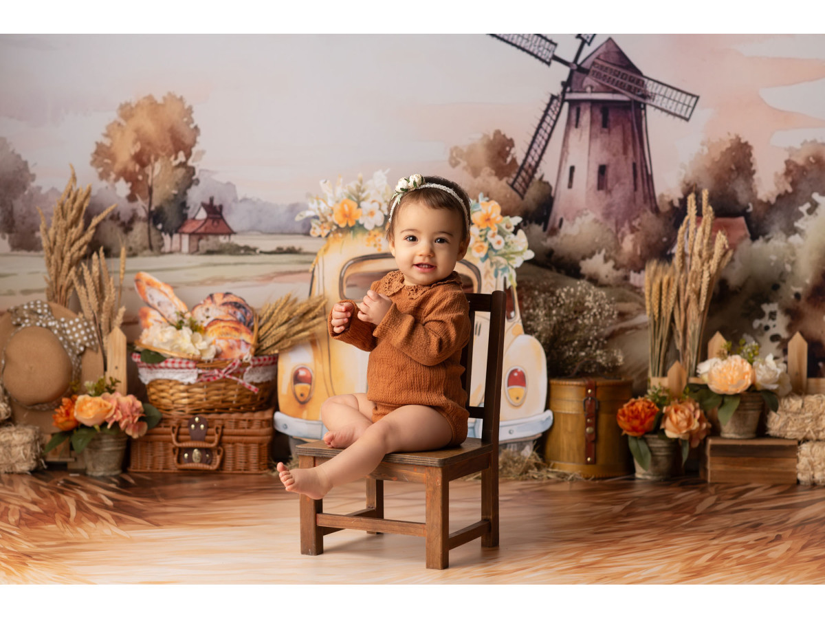 Fondo fotográfico de bebé y smash cake Le Moulin – molino de viento y coche vintage amarillo en el campo | Colors&Drops