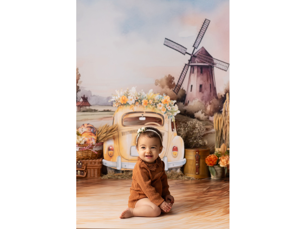 Fondo fotográfico de bebé y smash cake Le Moulin – molino de viento y coche vintage amarillo en el campo | Colors&Drops