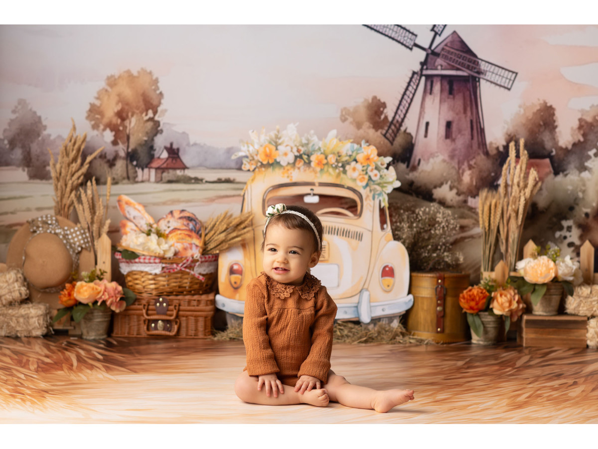 Fond photo bébé et smash cake Le Moulin – moulin à vent et voiture vintage jaune à la campagne | Colors&Drops