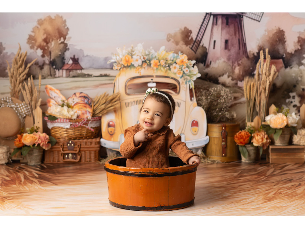 Fond photo bébé et smash cake Le Moulin – moulin à vent et voiture vintage jaune à la campagne | Colors&Drops