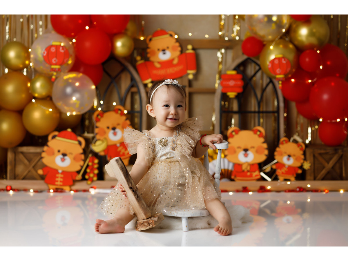 Baby & cake smash photo backdrop Chinese Tiger – Chinese New Year set with tigers and red lanterns | Colors&Drops