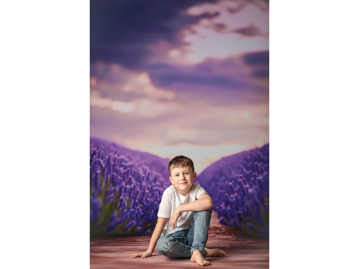 Infinity photo backdrop with floor Gorda – path between lavender fields under cloudy sky | Colors&Drops