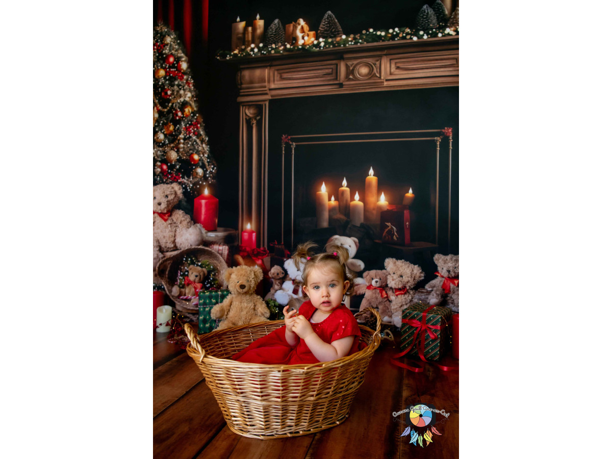 Photo backdrop Christmas Teddy Fire Place – Christmas fireplace with teddy bears, candles and red curtains | Colors&Drops
