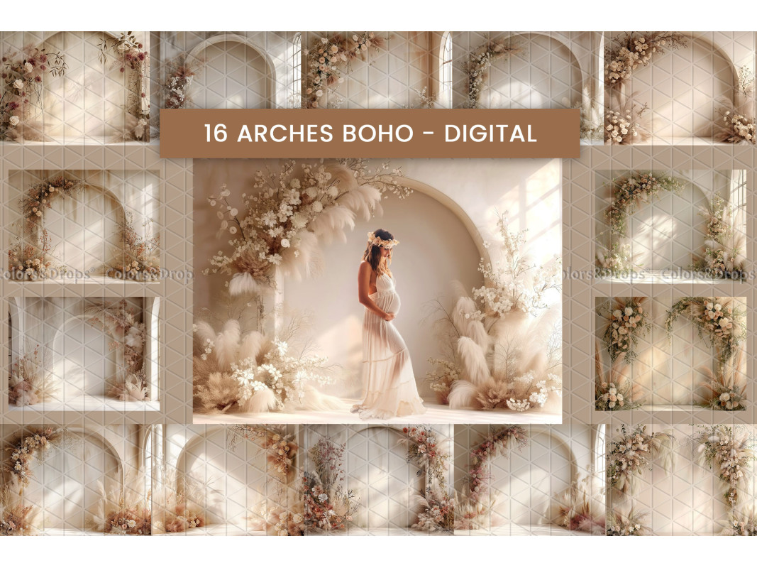 X16 ARCHE BOHO DIGITAL BUNDLE, Flores secas, Fondo digital digital digital