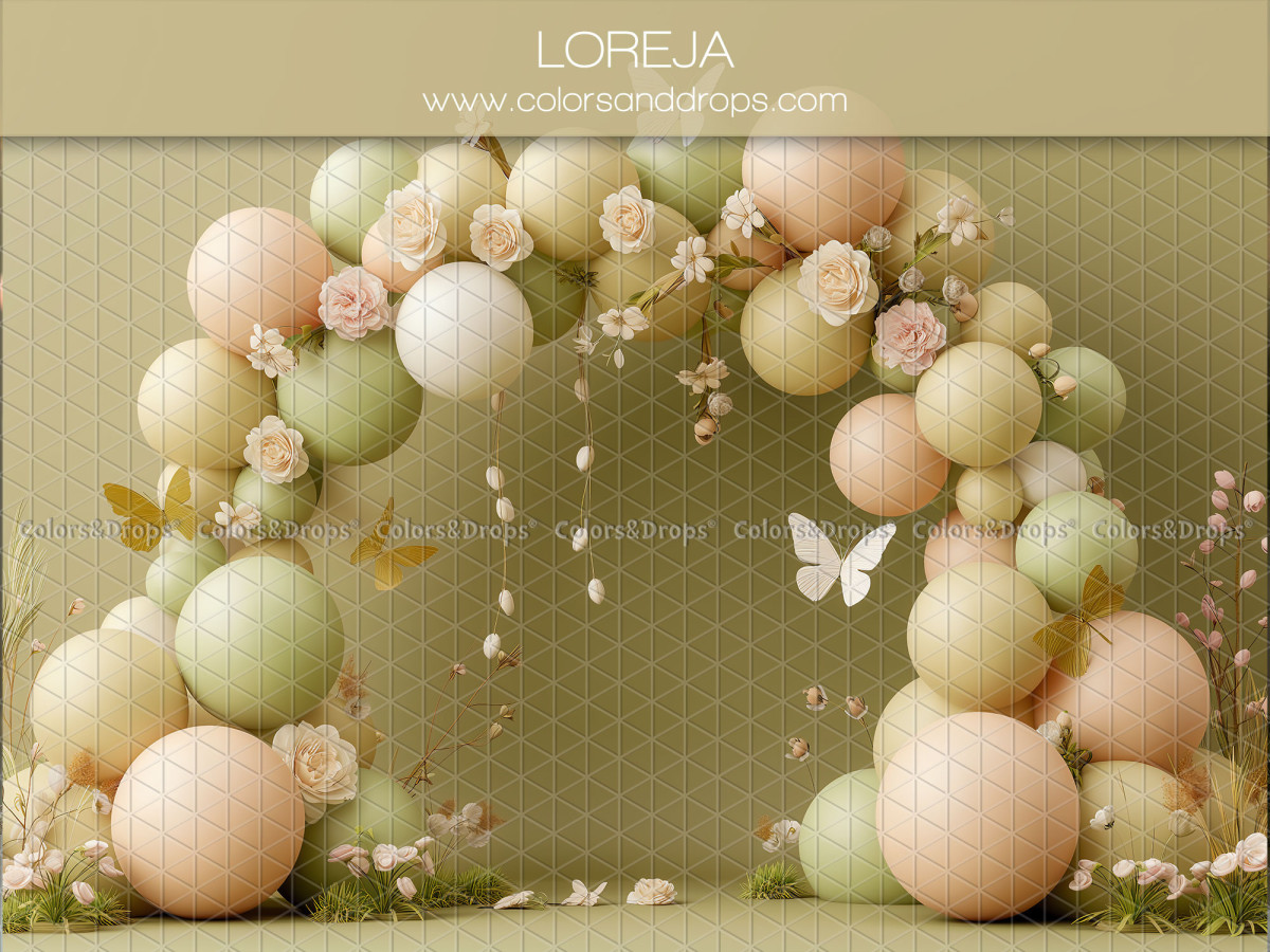 Baby & cake smash photo backdrop Loreja – sage and peach pastel balloon arch with flowers | Colors&Drops