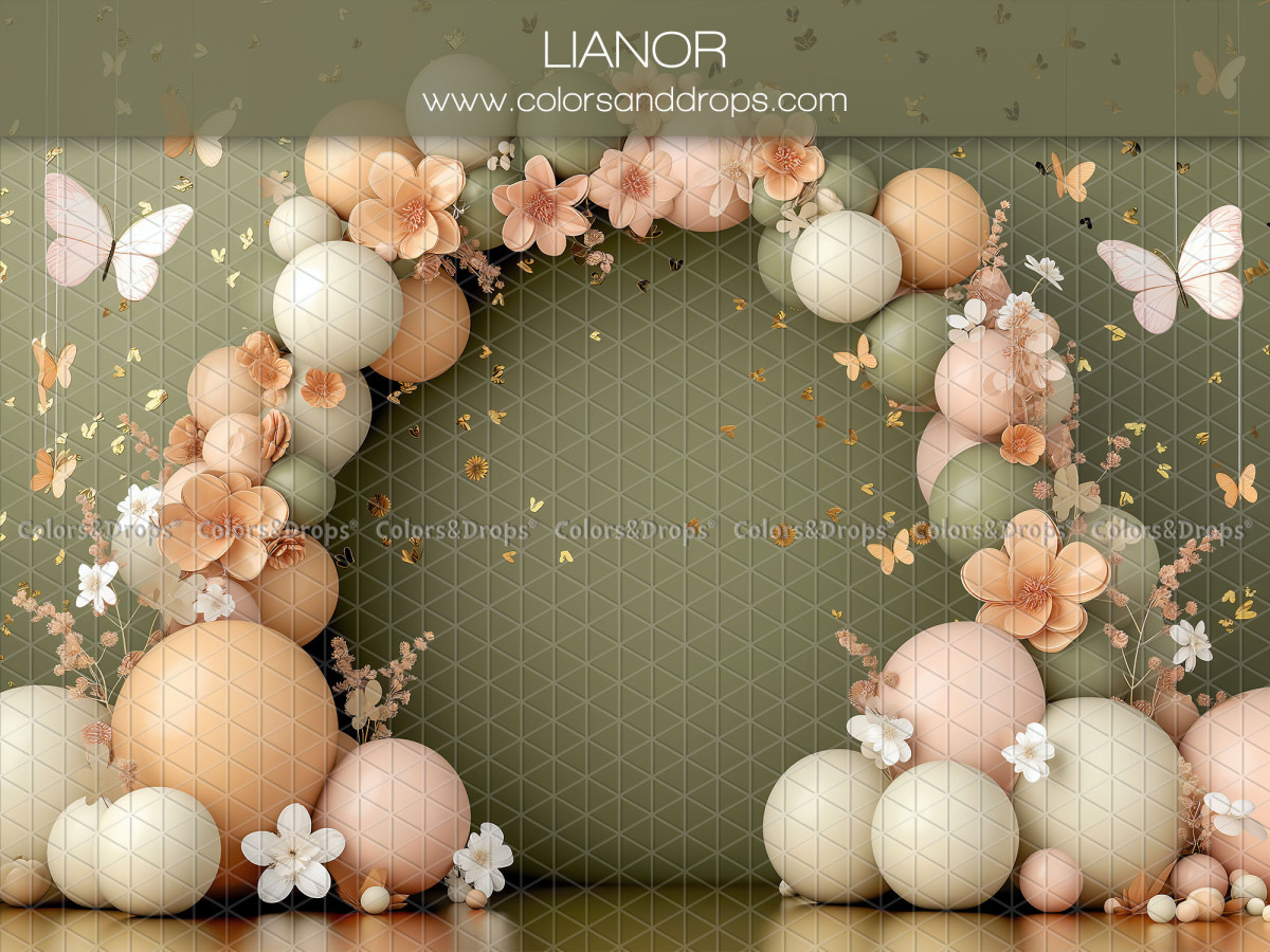 Baby & cake smash photo backdrop Lianor – peach and sage balloon arch with butterflies | Colors&Drops