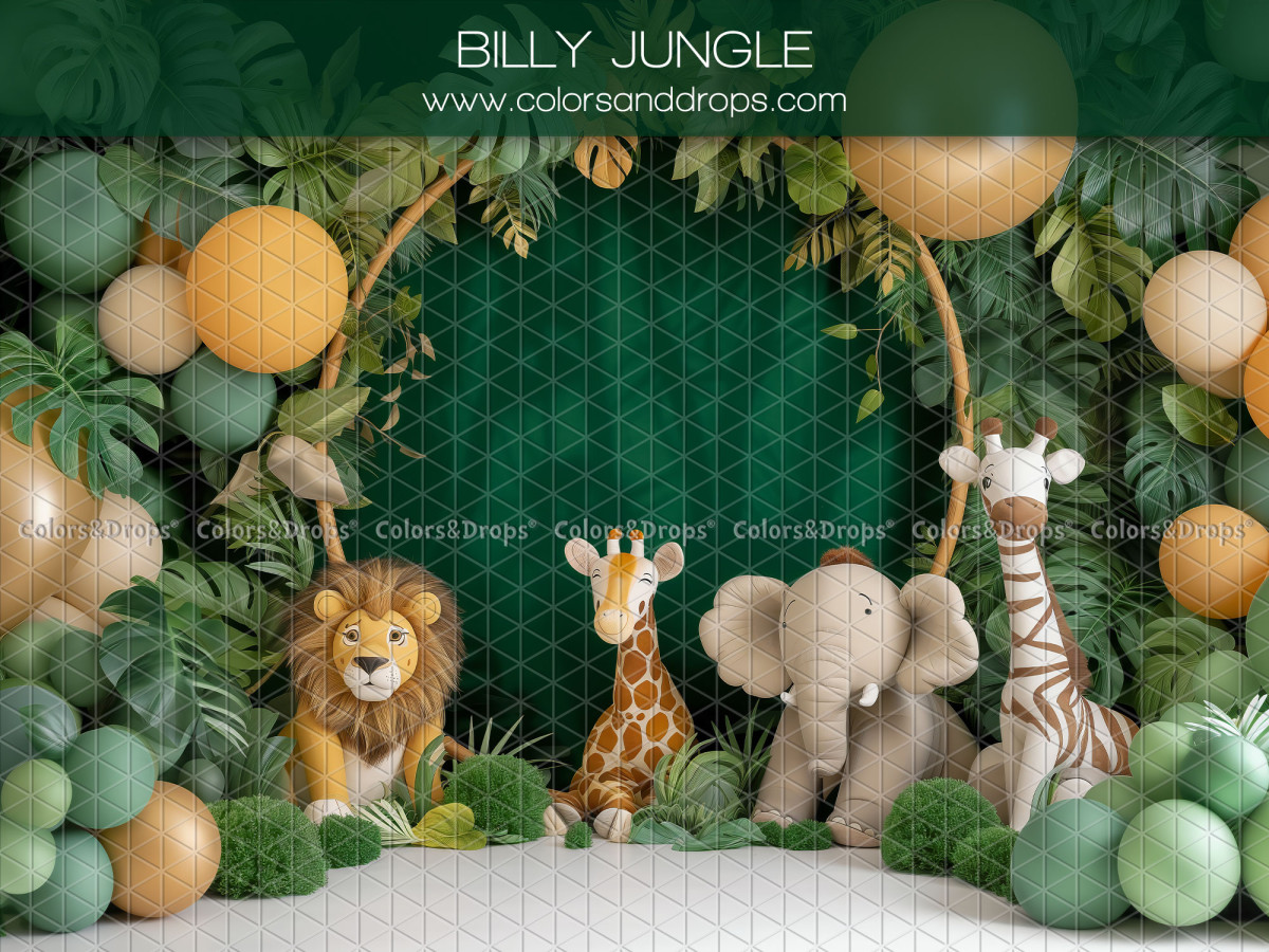 Fond photo bébé et smash cake Billy Jungle – arche jungle avec animaux en peluche et ballons | Colors&Drops