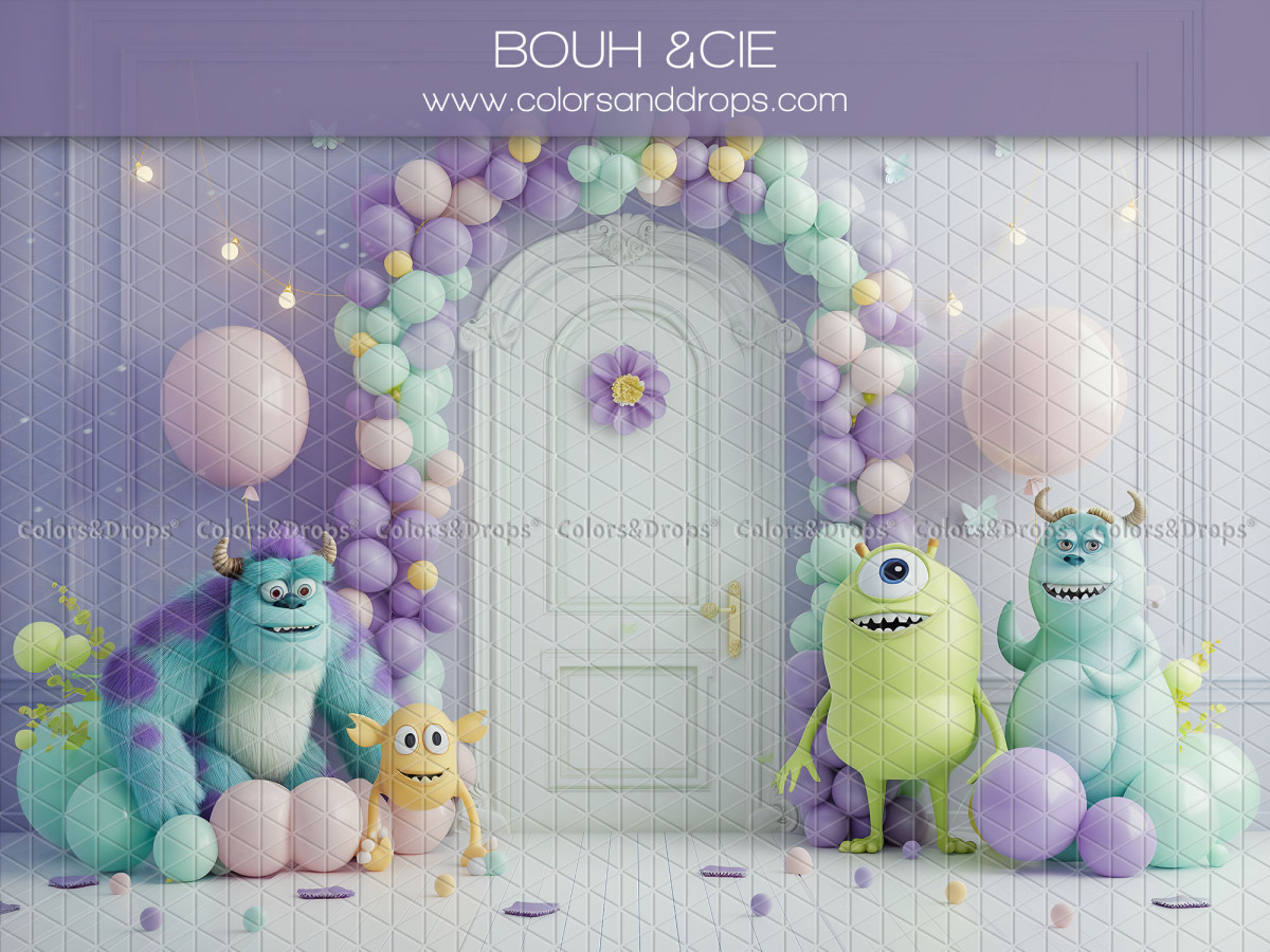 Fond photo bébé et smash cake Bouh & Cie – petits monstres en peluche avec arche de ballons et porte | Colors&Drops
