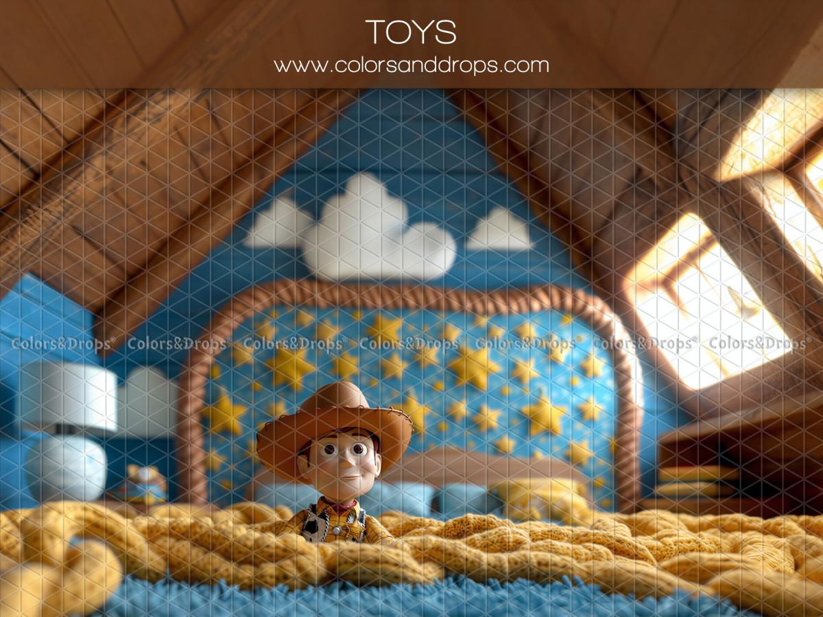 Fond photo bébé et smash cake Toys – chambre sous les toits avec tête de lit étoilée et cow-boy | Colors&Drops