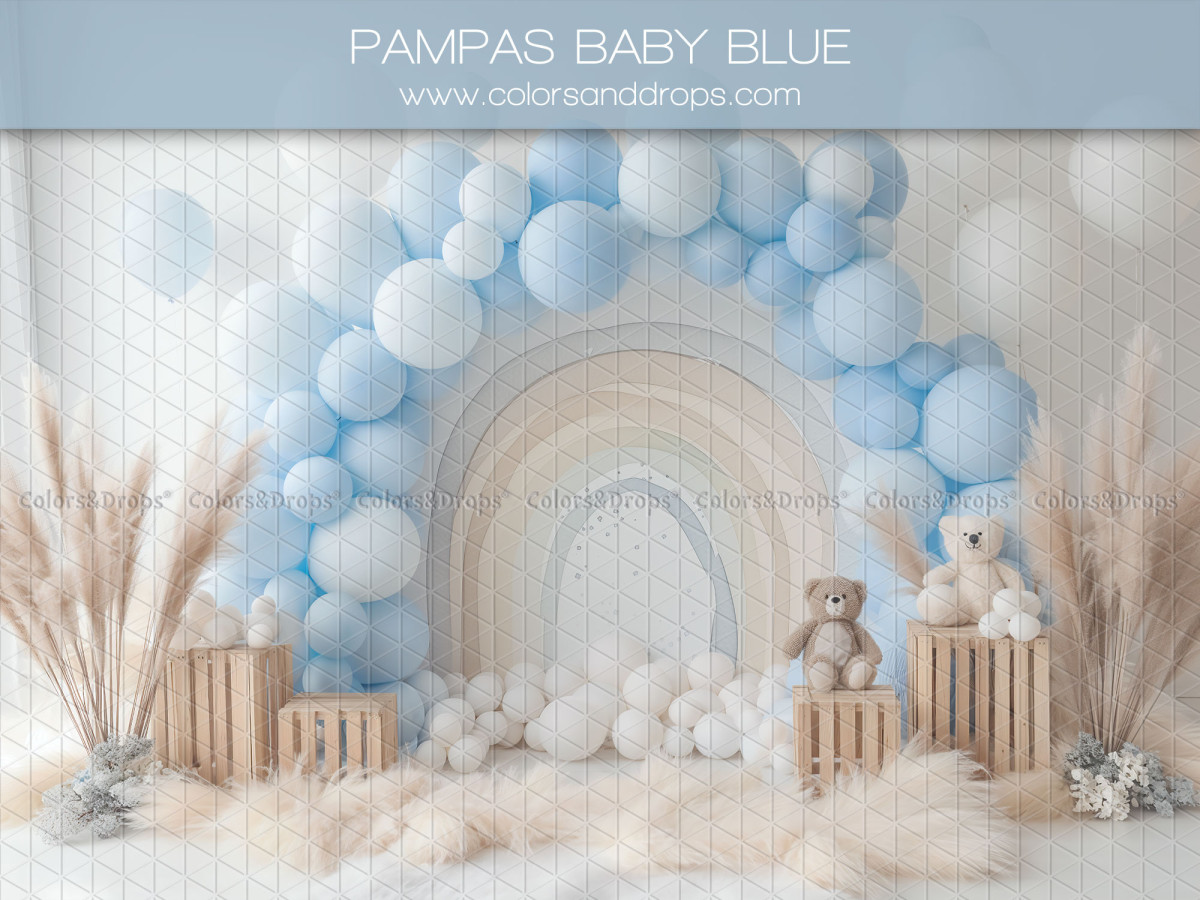 Baby & cake smash photo backdrop Pampas Baby Blue – blue balloon arch with pampas grass and teddy bears | Colors&Drops