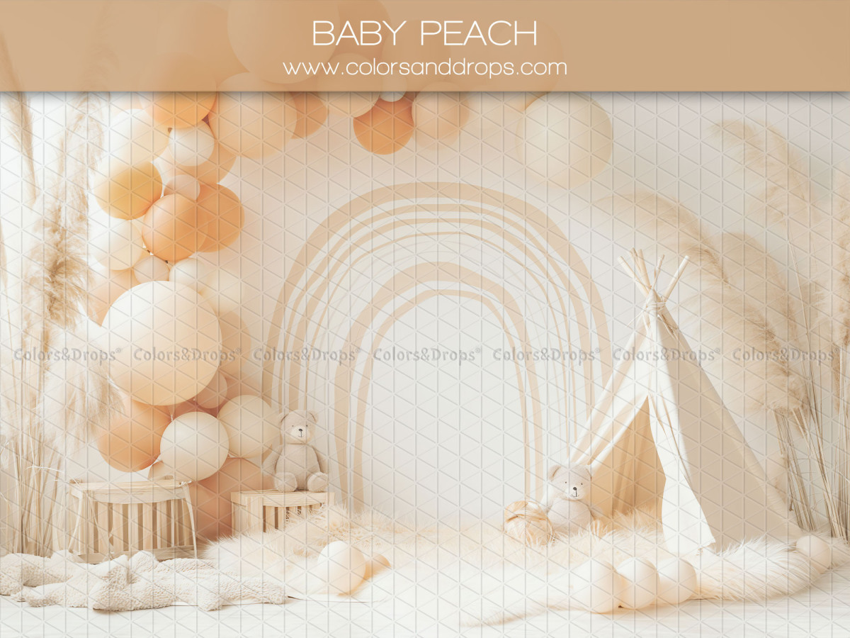 Baby & cake smash photo backdrop Baby Peach – peach balloons with rainbow and teepee | Colors&Drops