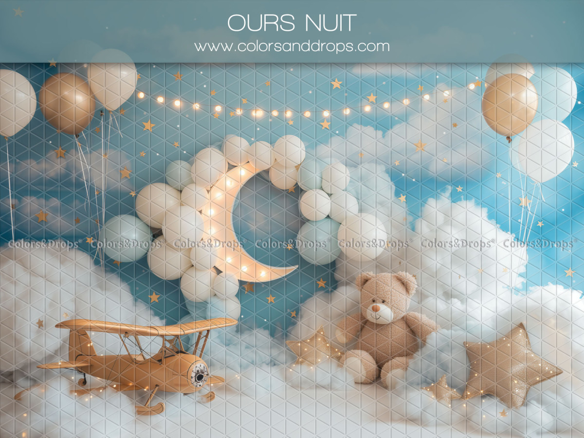 Baby & cake smash photo backdrop Ours Nuit – teddy bear in clouds with plane and moon | Colors&Drops