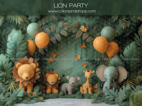 Baby & cake smash photo backdrop Lion Party – plush lion and jungle animals with balloons | Colors&Drops