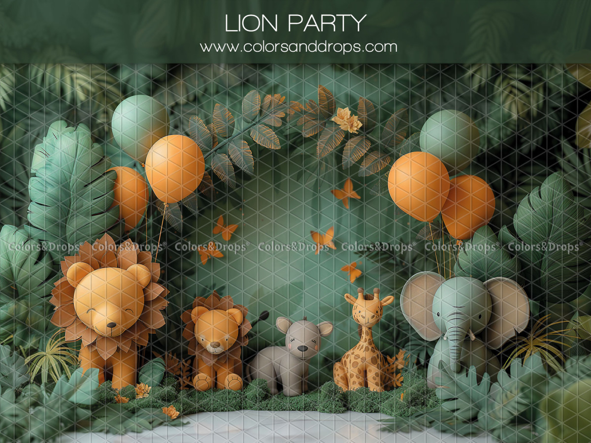 Baby & cake smash photo backdrop Lion Party – plush lion and jungle animals with balloons | Colors&Drops
