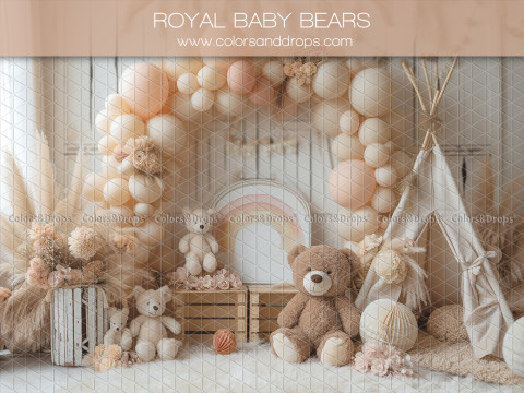 Fond photo bébé et smash cake Royal Baby Bears – ours en peluche avec arche de ballons, tipi et pampa | Colors&Drops