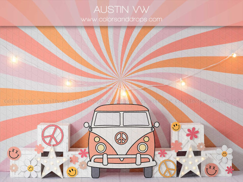 Fondo fotográfico de bebé y smash cake Austin Vw – furgoneta retro rosa sobre fondo de rayos naranja y rosa | Colors&Drops