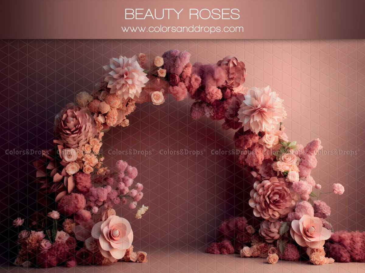 Fond photo bébé et smash cake Beauty Roses – arche de roses et pivoines roses sur fond vieux rose | Colors&Drops