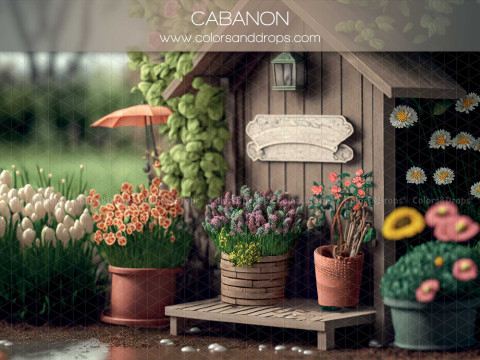 Fond photo de printemps Cabanon – cabanon de jardin en bois avec fleurs en pots | Colors&Drops