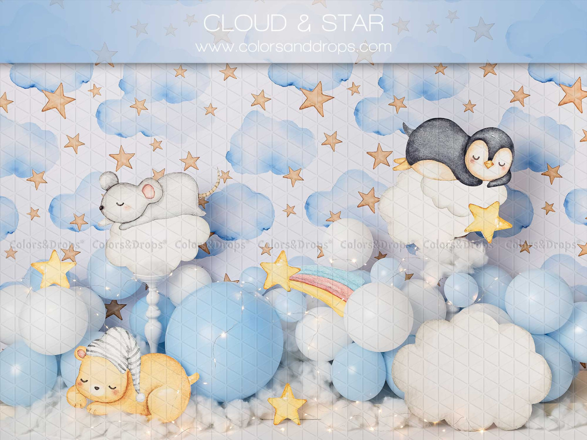 Fond photo bébé et smash cake Cloud & Star – nuages et étoiles avec ballons bleus et peluches | Colors&Drops