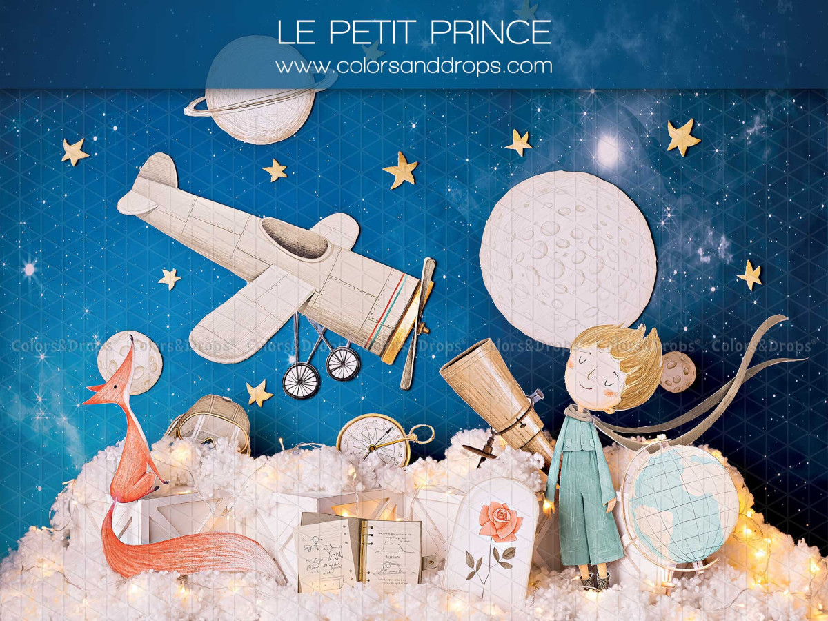 Fond photo bébé et smash cake Le Petit Prince – ciel étoilé avec avion, lune et petit prince | Colors&Drops