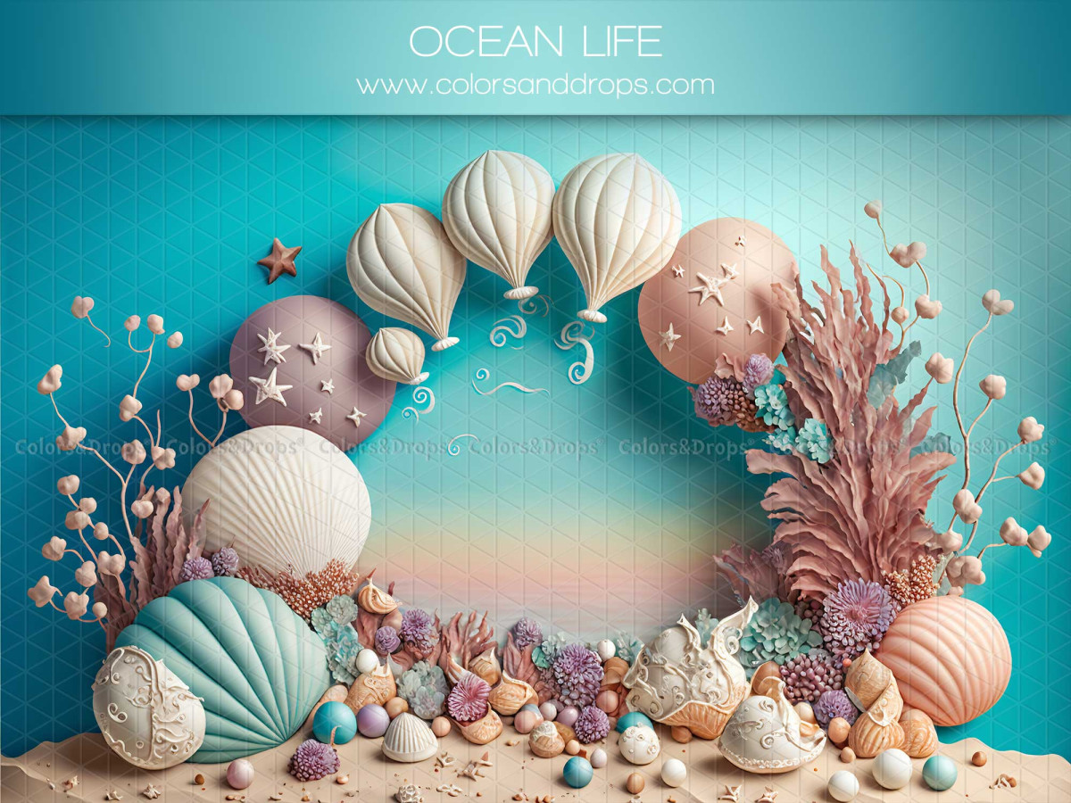 Fond photo bébé et smash cake Ocean Life – arche de coquillages, coraux et ballons sous la mer | Colors&Drops