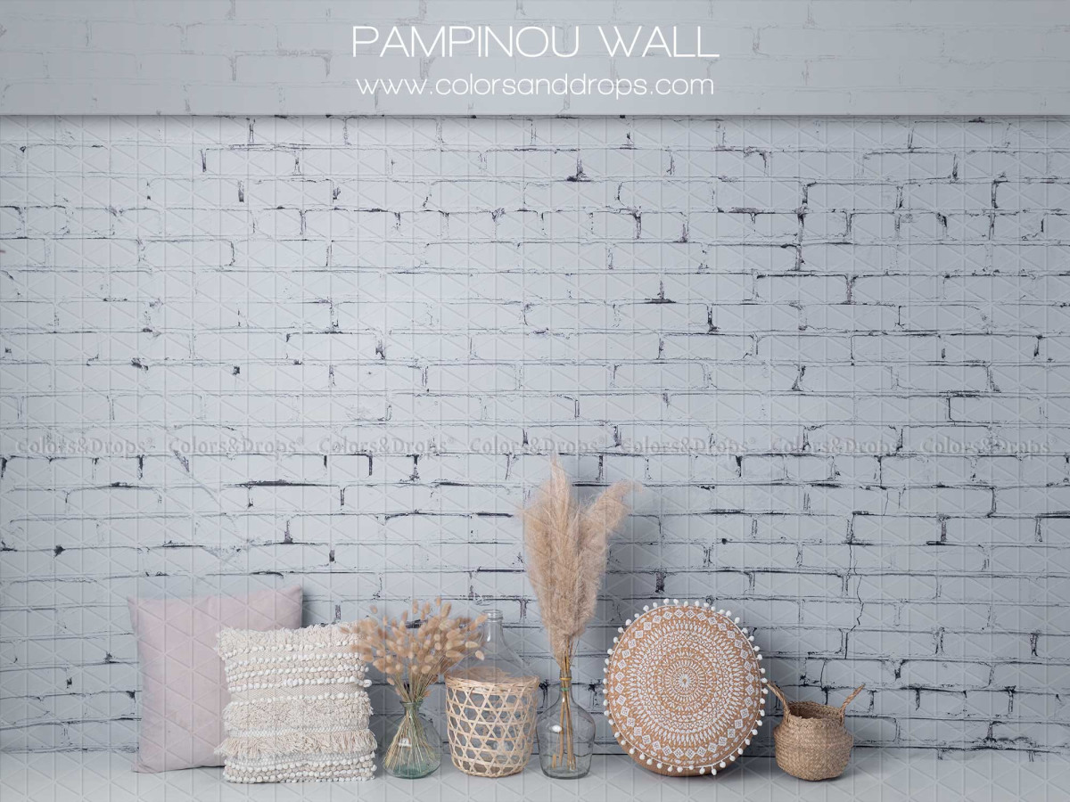 Christmas photo backdrop Pampinou Wall – white brick wall with cushions and pampas grass | Colors&Drops
