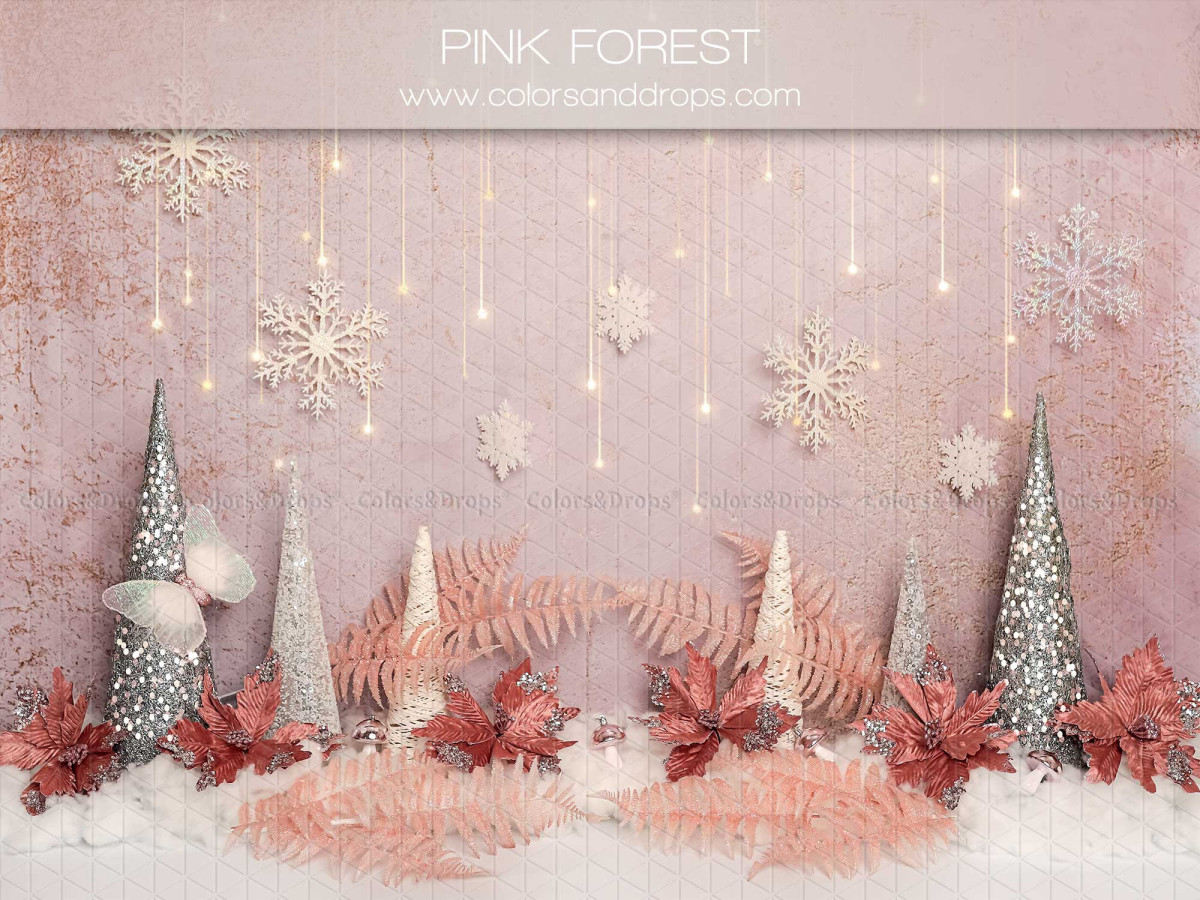 Fond photo bébé et smash cake Pink Forest – forêt de sapins rose avec flocons et poinsettias | Colors&Drops