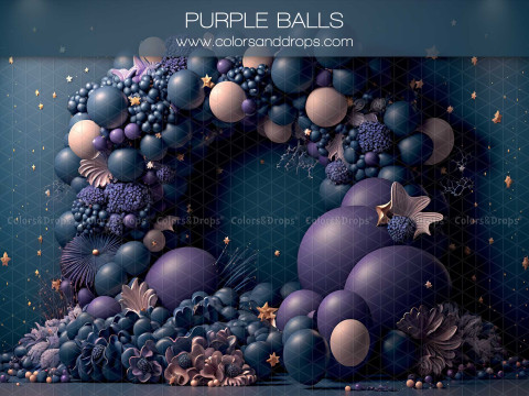Baby & cake smash photo backdrop Purple Balls – purple balloon and flower arch on navy background | Colors&Drops