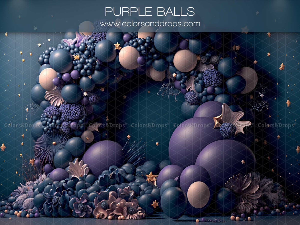 Fond photo bébé et smash cake Purple Balls – arche de ballons violets et fleurs sur fond bleu nuit | Colors&Drops