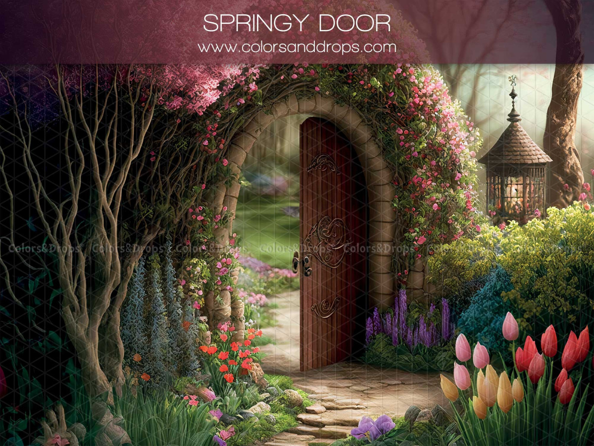 Fond photo Springy Door – porte en bois dans une arche fleurie de jardin | Colors&Drops