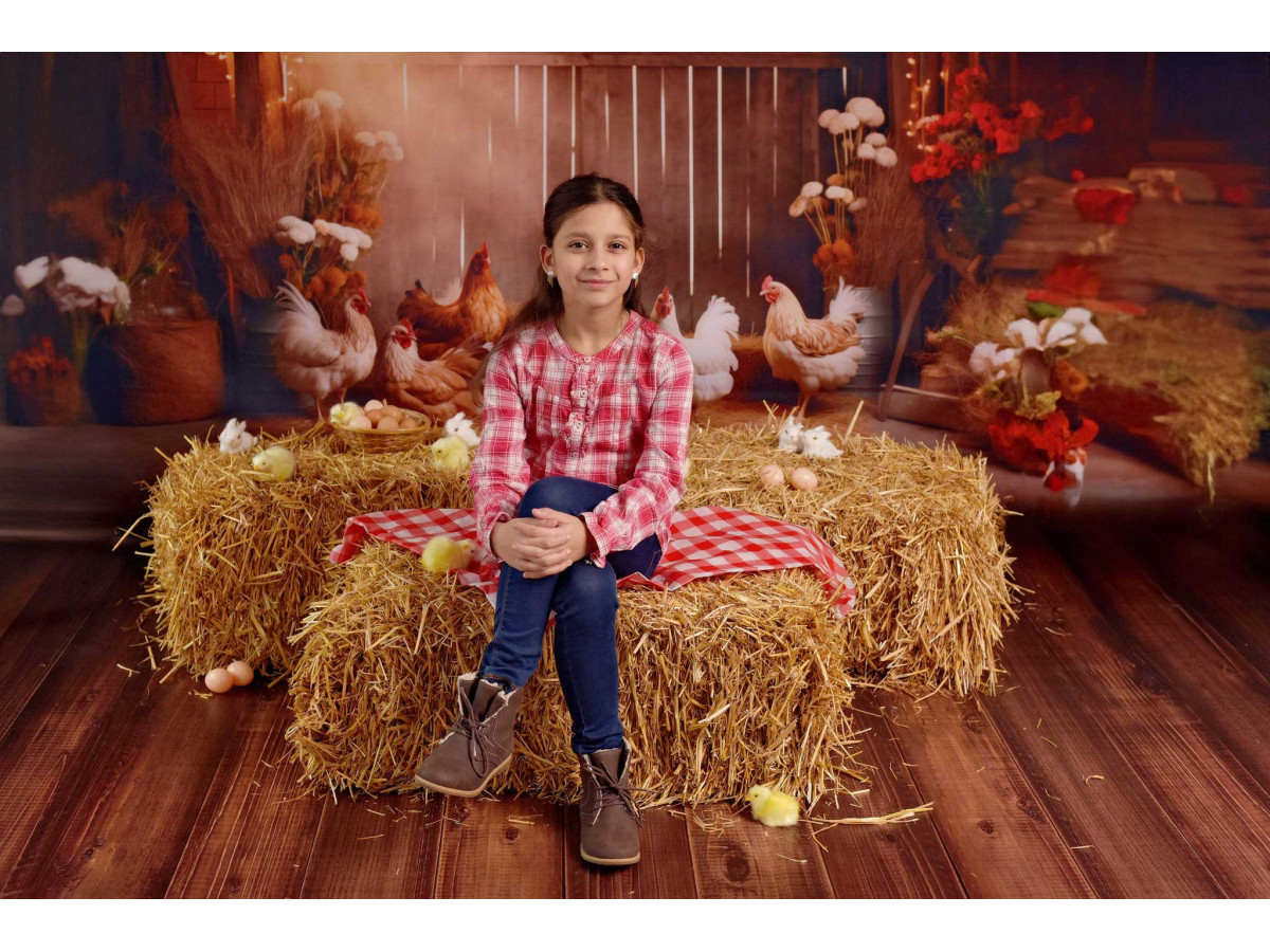 Baby & cake smash photo backdrop Poulettes – hens in a wooden barn with straw | Colors&Drops
