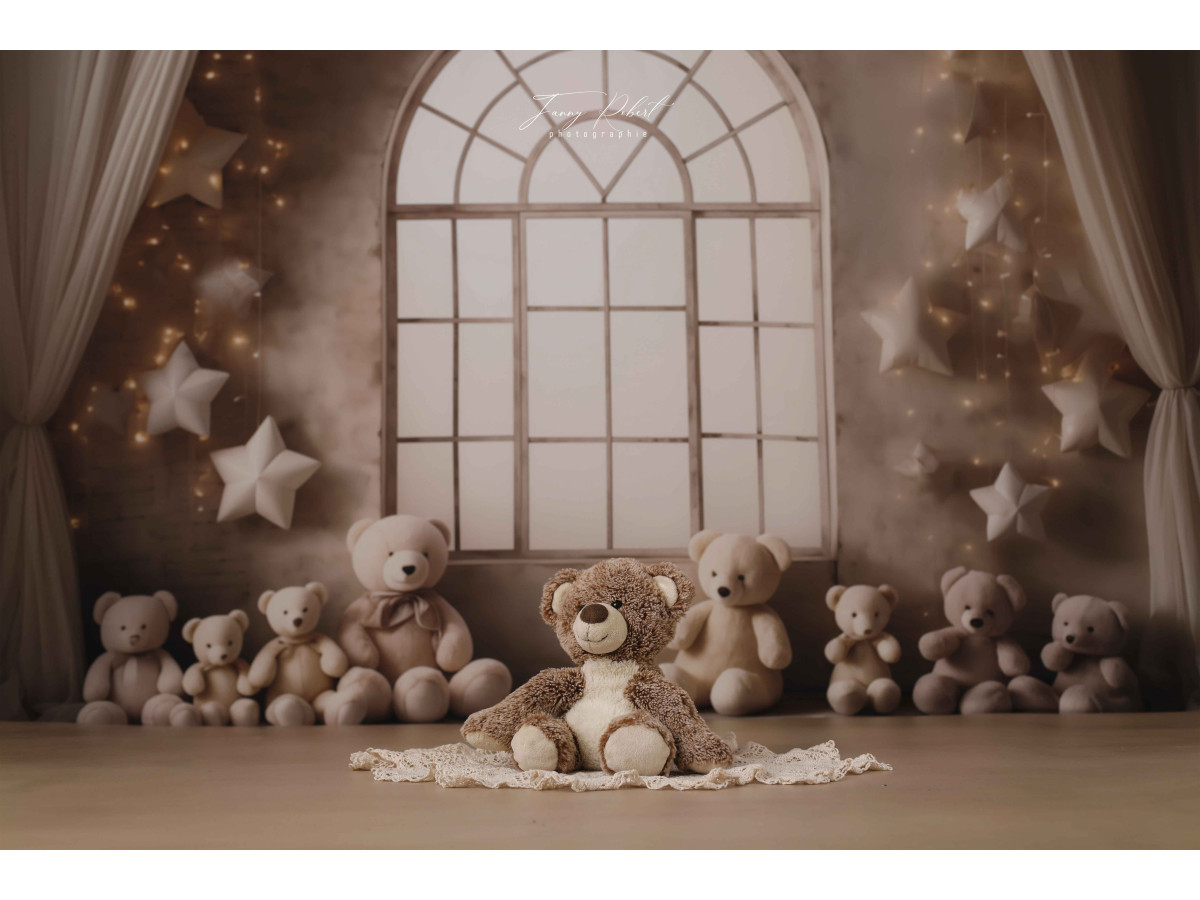 Baby & cake smash photo backdrop Stars and Bears – teddy bears in front of arched window with stars | Colors&Drops