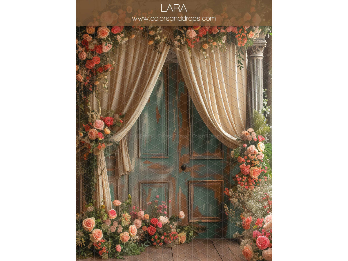 Maternity & portrait photo backdrop Lara – sea green door with curtains and flowers | Colors&Drops
