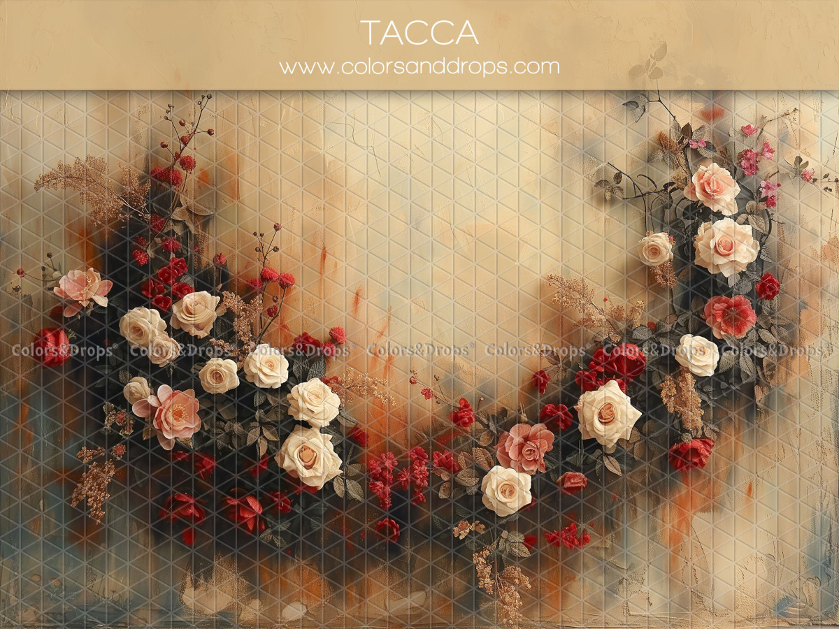 Fondo fotográfico de embarazo y retrato Tacca – guirnalda de rosas en arco sobre fondo pintado | Colors&Drops