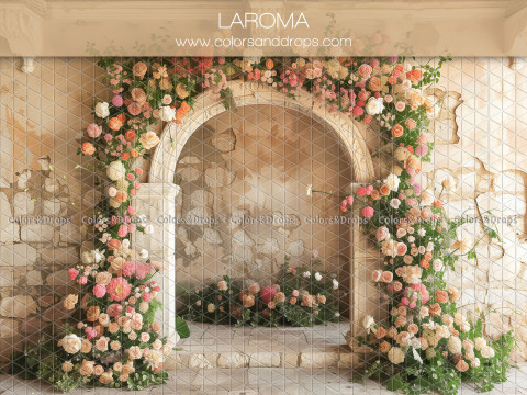 Fond photo grossesse et portrait Laroma – arche en pierre couverte de roses | Colors&Drops