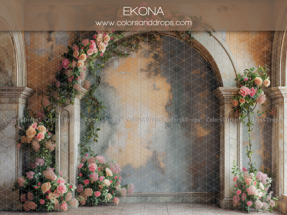 Maternity & portrait photo backdrop Ekona – old flowered arch with blue painted wall | Colors&Drops
