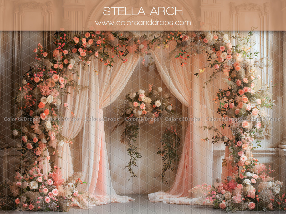 Fondo fotográfico de embarazo y retrato Stella Arch – arco de rosas con visillos rosas | Colors&Drops