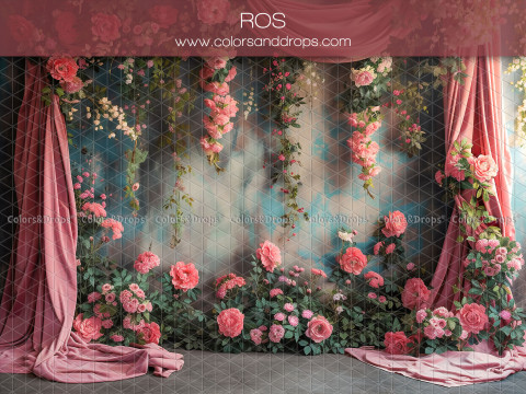 Communion photo backdrop Ros – dusty pink drapes and roses on painted wall | Colors&Drops