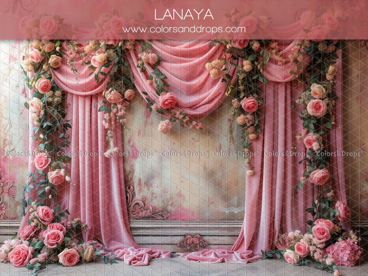 Fond photo communion Lanaya – drapés roses avec guirlandes de roses | Colors&Drops