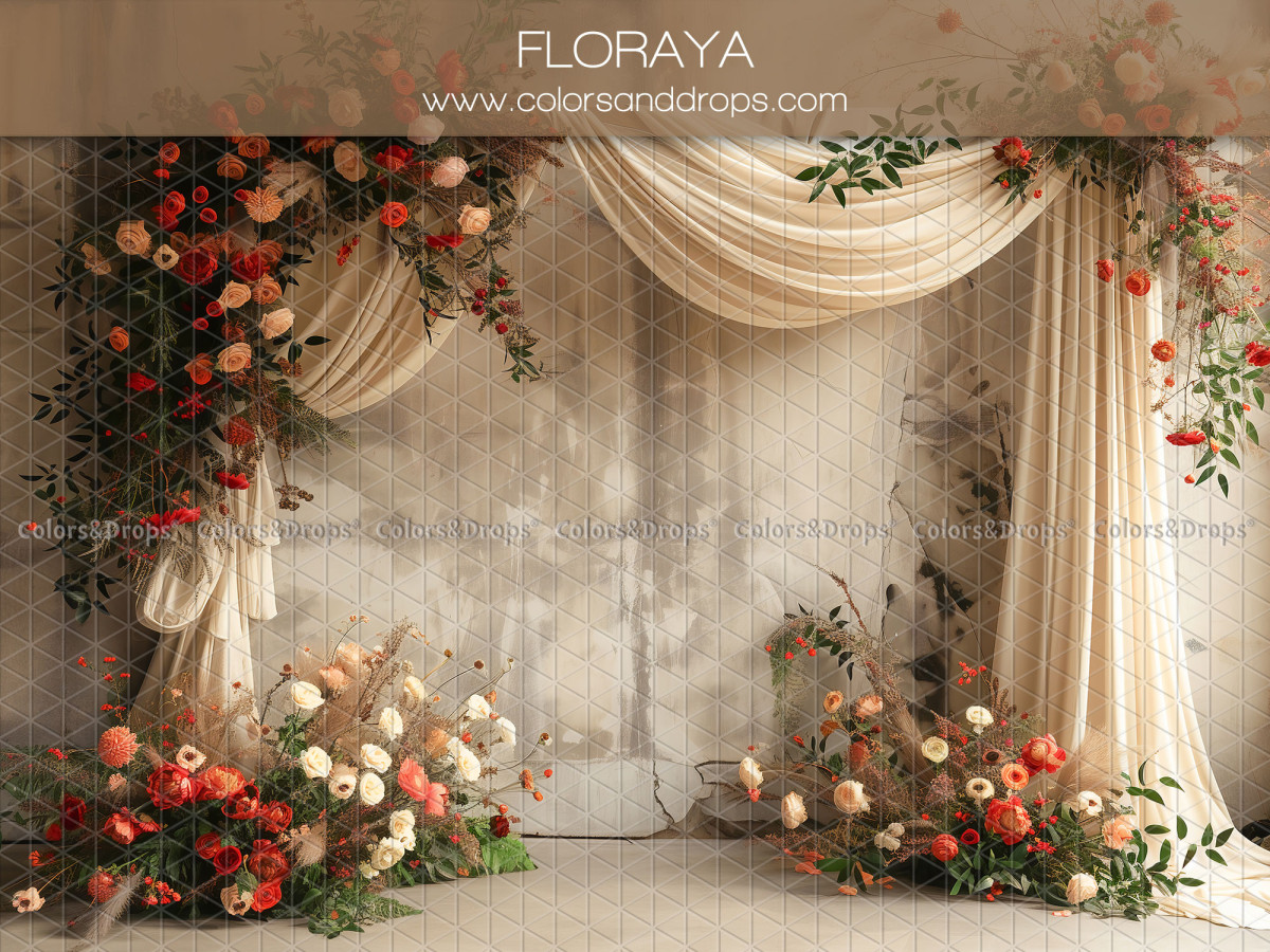Communion photo backdrop Floraya – cream drapes with red and white roses | Colors&Drops